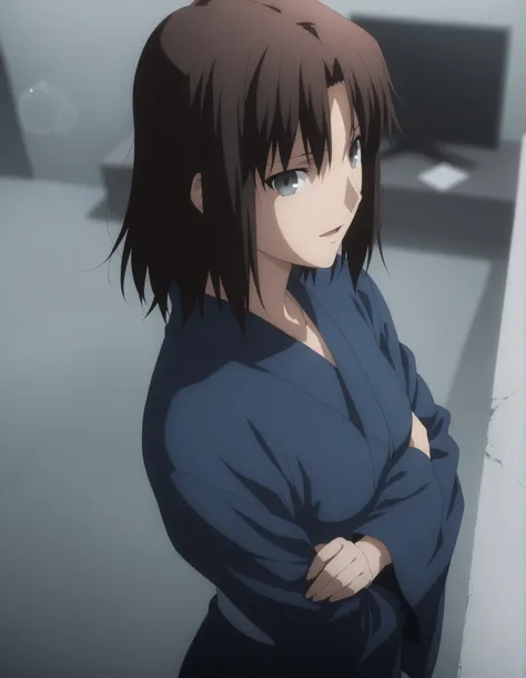 masterpiece, best quality, amazing quality, highres, absurdres, very aesthetic, high resolution, ultra detailed, perfect details, solo, midnight, indoors, ufotable style, (ruined office, cloudy, rainy), (lens flare, blurry background, ), backlight, from si...