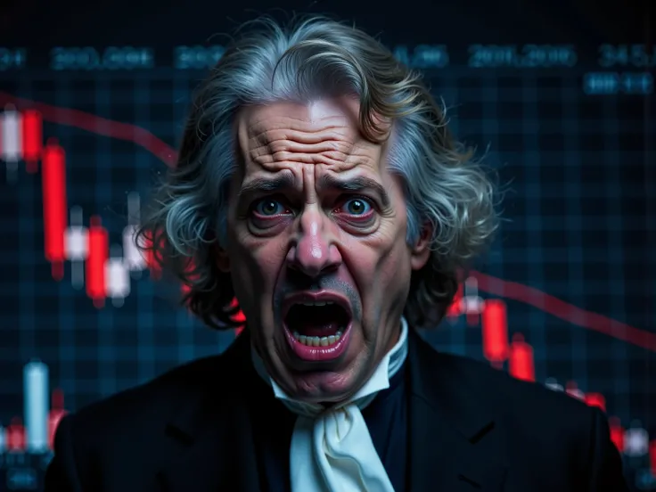 (wide angle:1.5),portrait of Isaac Newton ,financial chart background, Newton is nothing but screaming, the financial chart with a downward-trending red line, indicating a decline in stock prices. The chart is overlaid with various bars and numerical data,...