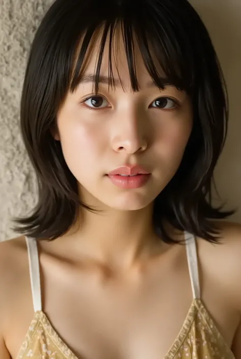 (( Best Quality )), ((masterpiece)), ( details), Japanese, first person view ,one girl on her back, Voluptuous women, sexy,( in the bedroom),((( abnormally large breasts , Completely naked, short bob hair))), black hair with a young patte...