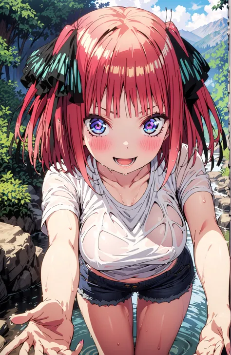 Nijino Nino , solo,short hair, bungs, blue eyes, hair ornament, hair bow, pink hair, blunt bungs, two side up, butterfly hair ornament,Big Breasts,smile,blush,opens his mouth,White T-shirt,see through,Tie the hem of a t-shirt,belly button out,denim micro ...