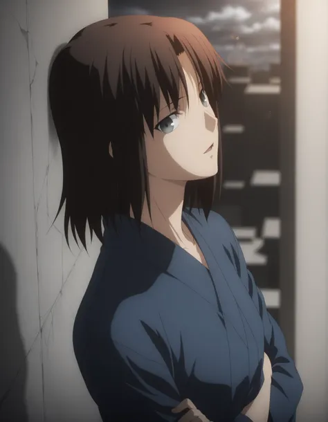 masterpiece, best quality, amazing quality, highres, absurdres, very aesthetic, high resolution, ultra detailed, perfect details, solo, midnight, indoors, ufotable style, (ruined office, cloudy, rainy), (lens flare, blurry background, ), backlight, from si...