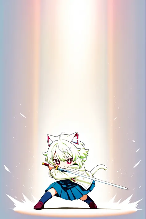 best quality, masterpiece, Anime Style, Please draw an anime-style mascot character。A fluffy white cat、Round body、with an energetic and innocent personality。 palm-sized 、it feels like you can sit on a human shoulder。the background is sparkling with a pink ...
