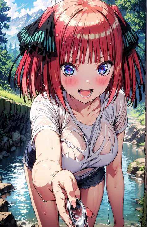 Nijino Nino , solo,short hair, bungs, blue eyes, hair ornament, hair bow, pink hair, blunt bungs, two side up, butterfly hair ornament,Big Breasts,smile,blush,opens his mouth,White T-shirt,see through,Tie the hem of a t-shirt,belly button out,denim micro ...