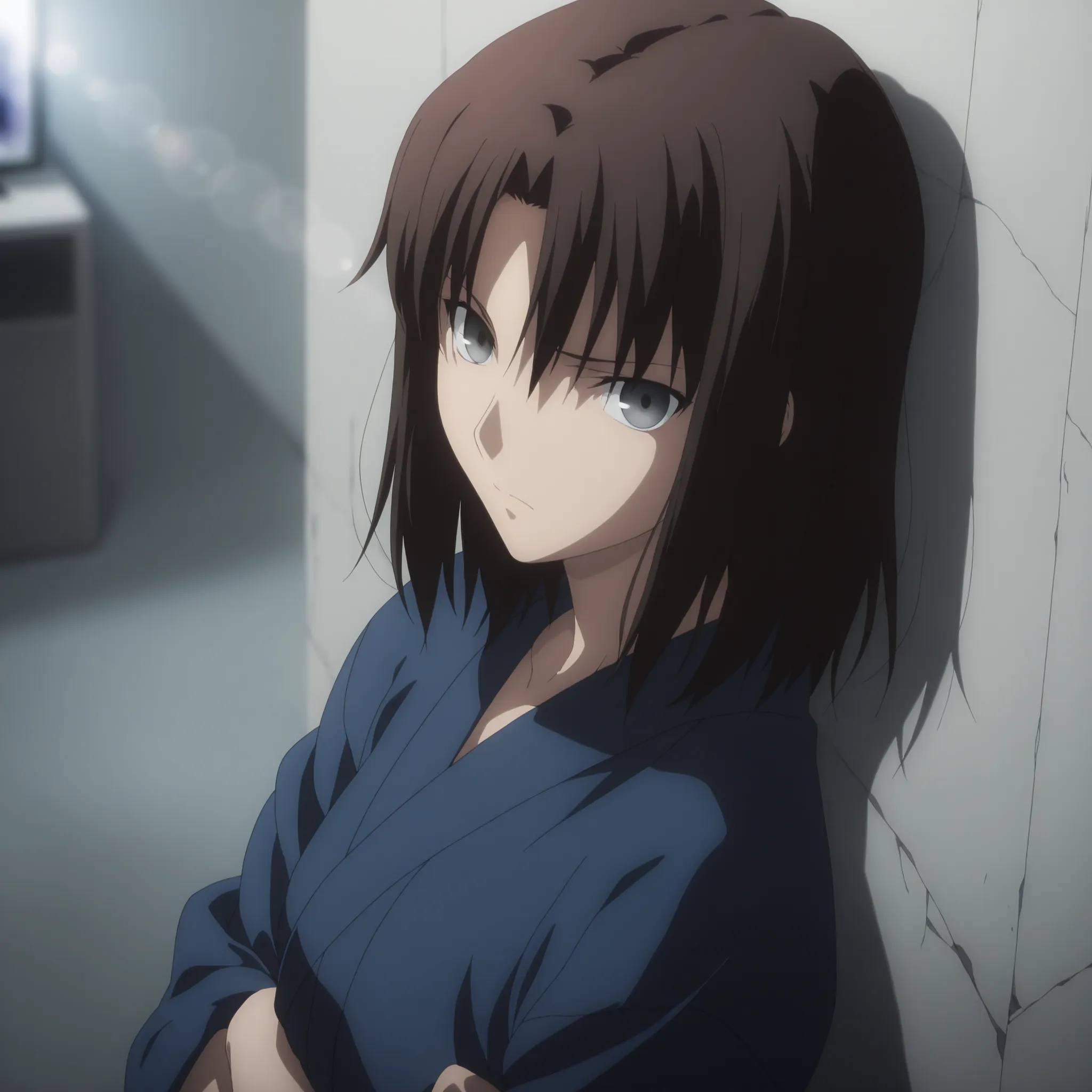 masterpiece, best quality, amazing quality, highres, absurdres, very aesthetic, high resolution, ultra detailed, perfect details, solo, midnight, indoors, ufotable style, (ruined office, cloudy, rainy), (lens flare, blurry background, ), backlight, from si...