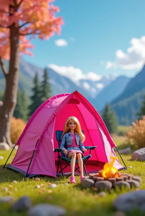 Create a vibrant scene featuring a Barbie doll camping in a picturesque landscape. She is sitting on a camping chair in front of a pink tent, enjoying a barbecue by a cozy campfire. The atmosphere should be lively and colorful, capturing the essence of a f...