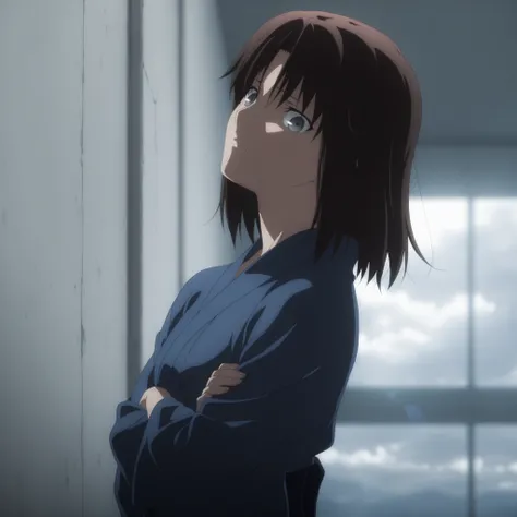 masterpiece, best quality, amazing quality, highres, absurdres, very aesthetic, high resolution, ultra detailed, perfect details, solo, midnight, indoors, ufotable style, (ruined office, cloudy, rainy), (lens flare, blurry background, ), backlight, from si...