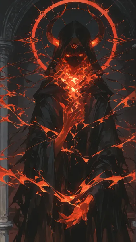 Create a dark, fantastical female character design of a formidable demon king. The mage should wear a long, wide, ragged, dark red and black robe with intricate designs and a hood that covers most of their face. They possess many arms extending from their ...