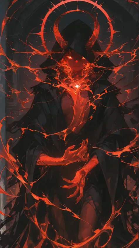 Create a dark, fantastical female character design of a formidable demon king. The mage should wear a long, wide, ragged, dark red and black robe with intricate designs and a hood that covers most of their face. They possess many arms extending from their ...