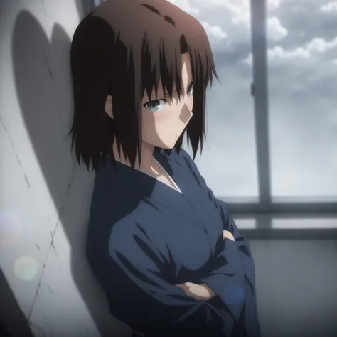 masterpiece, best quality, amazing quality, highres, absurdres, very aesthetic, high resolution, ultra detailed, perfect details, solo, midnight, indoors, ufotable style, (ruined office, cloudy, rainy), (lens flare, blurry background,), backlight, from sid...