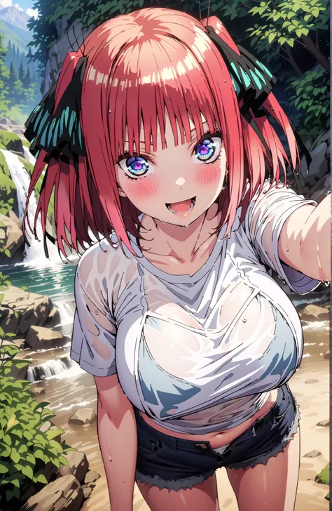 Nijino Nino , solo,short hair, bungs, blue eyes, hair ornament, hair bow, pink hair, blunt bungs, two side up, butterfly hair ornament,Big Breasts,smile,blush,opens his mouth,White T-shirt,see through,Tie the hem of a t-shirt,belly button out,denim micro ...