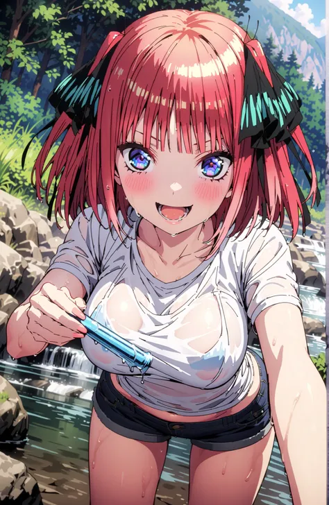 Nijino Nino , solo,short hair, bungs, blue eyes, hair ornament, hair bow, pink hair, blunt bungs, two side up, butterfly hair ornament,Big Breasts,smile,blush,opens his mouth,White T-shirt,see through,Tie the hem of a t-shirt,belly button out,denim micro ...