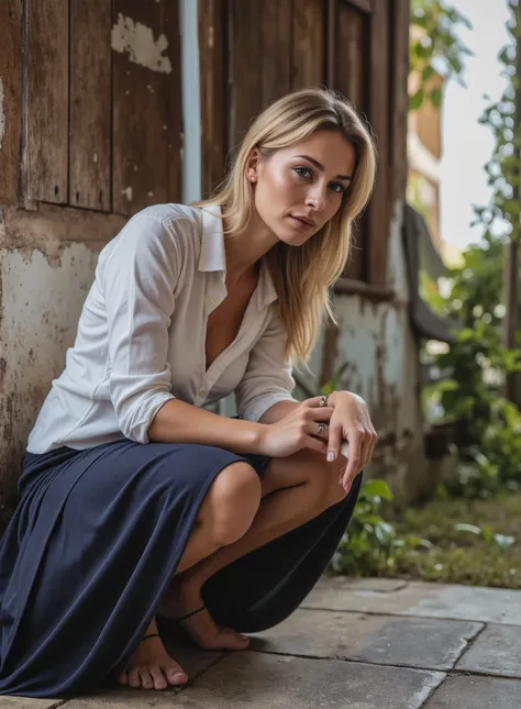 Sexy beautiful mature seductive blonde European woman with a very big breast posing for a picture, blonde European model, beautiful blonde European mature woman, sexy blonde European woman, blonde European woman in a white bikini crouching pose bent her sh...