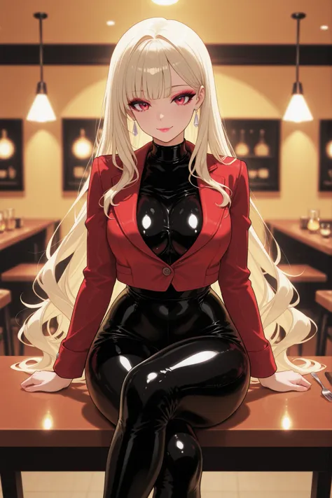Anime-style woman sitting in a cozy, softly lit Restaurant. Sitting at a dining table. Sitting at the Restaurant across from viewer, holding a fork in her right hand. She wears a glossy black latex catsuit that hugs her exaggerated hourglass curves and enh...