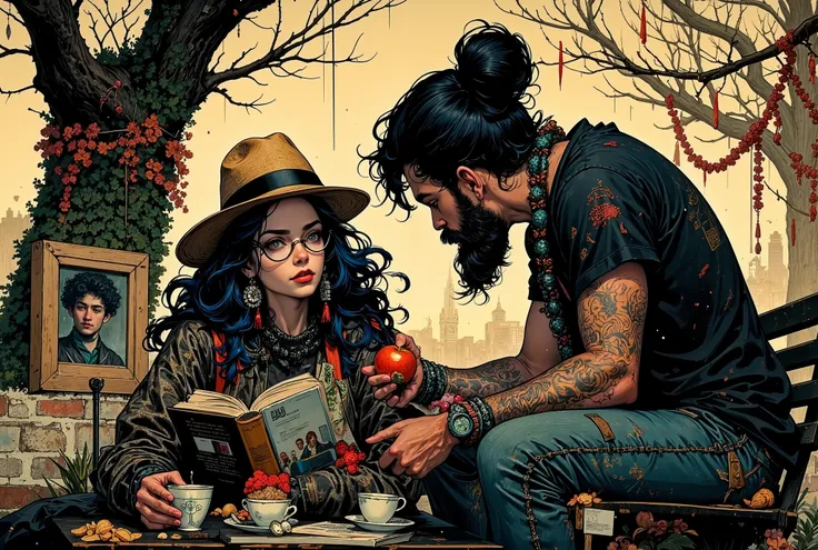 Create a comic book-style illustration. A disheveled young bohemian-looking man is sitting on a park bench next to a young woman. The woman has long curly black hair with blue streaks, gathered in a carelessly fluffy bun, hoop earrings, bright red lips, vo...