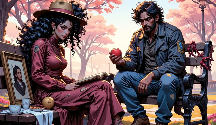 Create a comic book-style illustration. A disheveled, middle-aged, bohemian-looking man is sitting on a park bench on the right next to a young woman on the left. The woman has long curly black hair with blue streaks, gathered in a carelessly fluffy bun, h...