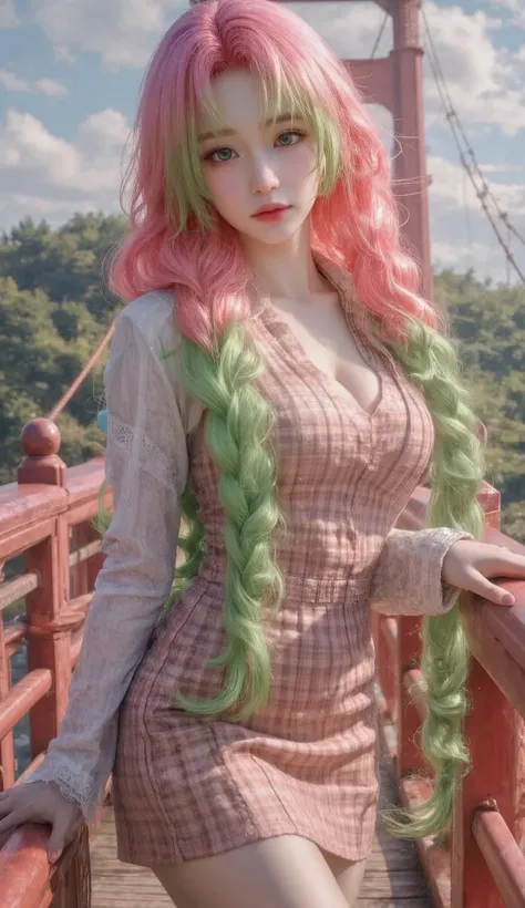 ((((((Fullbody shot))))))!!!!!!, Mitsuri Kanroji, standing at the edge of red bridge, grasping the bridge railing way, gradient pink-green hair, pale skin, beautiful detailed eyes, beautiful detailed lips,  long eyelashes, kawaii anime girl, flowing pink a...