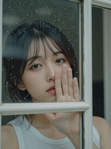 Outdoor shot of modern Japanese house, camera outside, torrential rain, drenched rain-streaked window with frame, single cute Japanese woman inside, soft delicate face, fingers touching inner glass, natural pose, house dominates, woman <30% of frame. Melan...