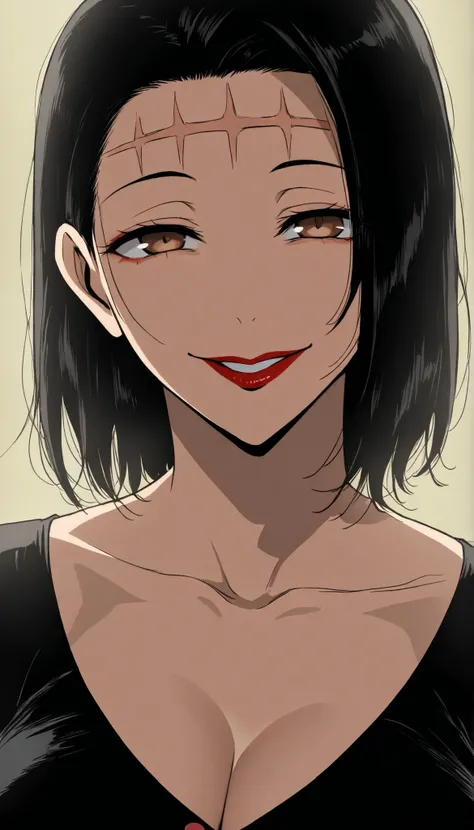 masterpiece, best quality, 1woman, solo, medium hair, black hair, brown eyes, lifeless eyes, forehead stitches, red lipstick, black shirt, cleavage, huge breasts,  Anime Coloring, wide smile, looking at viewer, close up, face focus, detailed face, detailed...