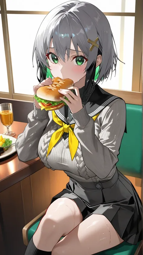 Score 9, Score 8 Up, Score 7 Up, Score 6 Up, -----Break, ----(Perfect NSFW), (Subjective), (Ultra-detailed skin), (Pastel, Sketch:0.8), (Detailed lighting), (Masterpiece, Top quality, Extremely detailed, Ultra-detailed, High resolution, Absurd, 4K, 8K:1.2), (Official art, Incredibly detailed illustration, Highly detailed CG, Detailed background, Cinematic lighting, Dynamic angles, Perfect hands, Detailed glossy skin, Detailed hair, Detailed eyes) -----Break--
Short stature
-----Break---
Kirigaya Naoha, short hair, black hair, hair accessory, hair clip, (green eyes: 1.3), slightly large breasts,
-----BREAK,---
Uniform, black socks, sailor suit, (plain gray knit: 1.5), black sailor collar with white lines, sailor suit, neckerchief, yellow neckerchief, short black skirt, pleated skirt with white lines, skirt,
-----BREAK,---

Cowboy shot, wet skin,
----Break-- -----((Smiling cutely: 1.3))),,((Blushing and shy expression 1.3)), ----Break-------- ,------ Viewer's point of view, solo focus,,(((Empty background))),(((Empty restaurant interior))),,(((Restaurant interior: 1.3))),,Indoors, real location,,(((Western-style furniture: 1.3))),,(((Stylish interior reminiscent of an Italian house: 1.3))),,(((Italian restaurant: 1.3))), Luxurious interior, sitting in a chair and eating a sandwich