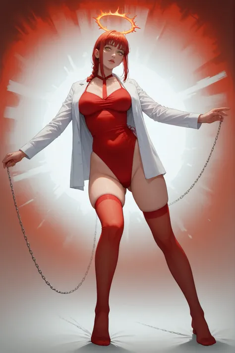 score_9 , score_8_up , score_7_up , score_6_up , 1girl . greyscale , adult woman , large breast , thicc thighs , long legs , red thighhighs, Makima , chainsaw man , red hair with single braid , pubic hair, yellow eyess , manga style , anime aesthetic , exp...