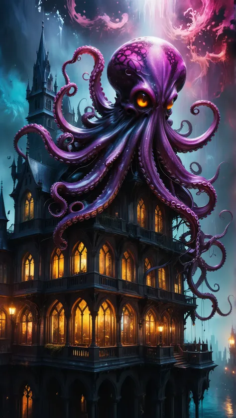 ultra wide angle, photorealistic medieval gothic recording of an exciting fusion between spawn and an octopus, leading to a new character, embodying elements of both, Menschen, sehen. black flow ink — photorealistic masterpiece in 8k resolution — by Aaron...