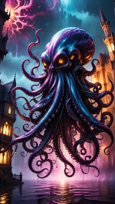 ultra wide angle, photorealistic medieval gothic recording of an exciting fusion between spawn and an octopus, leading to a new character, embodying elements of both, Menschen, sehen. black flow ink — photorealistic masterpiece in 8k resolution — by Aaron...