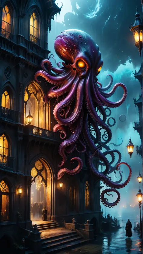 ultra wide angle, photorealistic medieval gothic recording of an exciting fusion between spawn and an octopus, leading to a new character, embodying elements of both, Menschen, sehen. black flow ink — photorealistic masterpiece in 8k resolution — by Aaron...