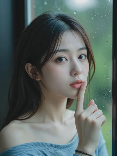 Outdoor shot, camera strictly outside, modern Japanese house, torrential rain, drenched rain-streaked window with frame, single cute Japanese woman inside, soft delicate face, fingers touching inner glass, natural pose, house dominates, woman <30% of frame...