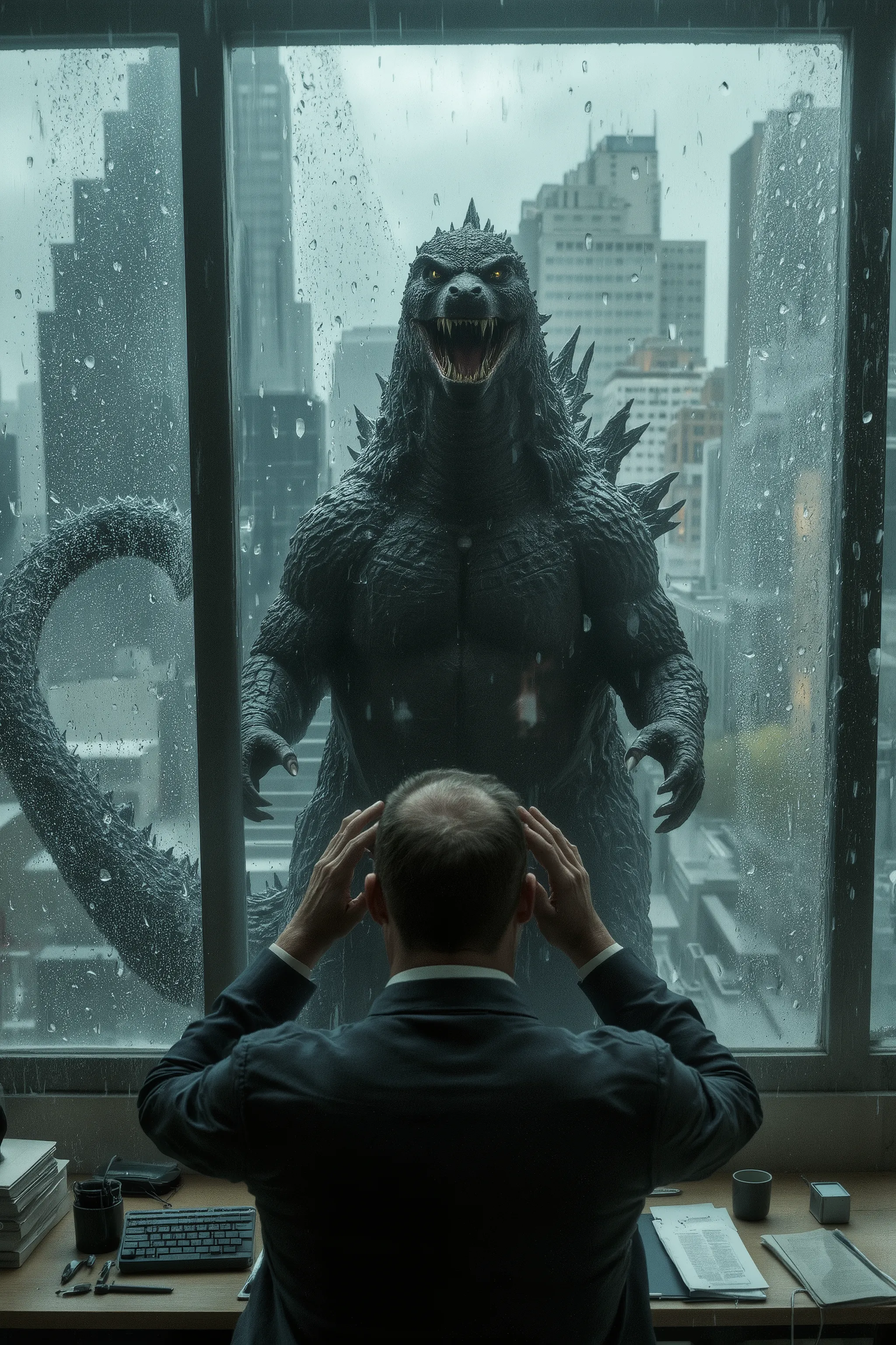((from front,forcus godzilla  face,GODZILLA's big face,looking man:1.5)),(Droplets stream down the glass,back shot soaked water pearls on the window,heavy rain,thunderstorm),View from inside an office building,Through the glass,eyes meet,backshot shadow bu...