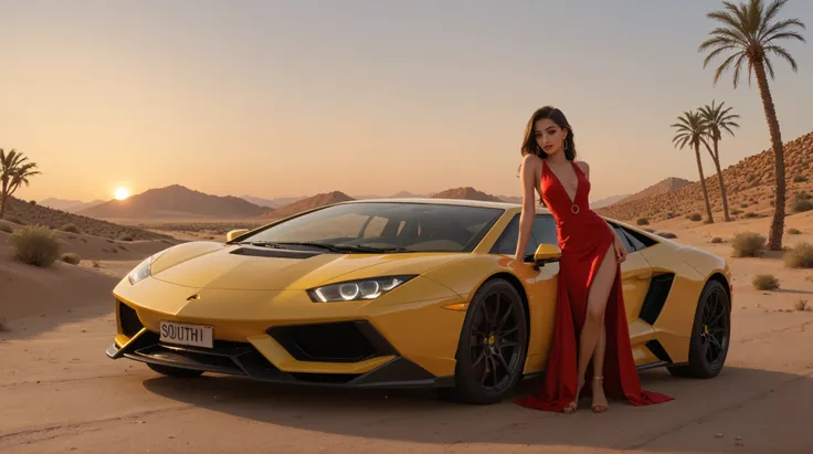 A South Asian woman in a red short dress standing confidently in front of a yellow Lamborghini with doors up. A stylish man leans on the car. The backdrop is a golden desert at sunset.
