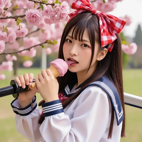 has a large red ribbon on her head,anatomically accurate hand , wears a white long-sleeved sailor suit with a red bow attached to the center of her head, carries a long Japanese sword on her shoulder, sticks out her tongue and licks soft serve ice cream,bl...