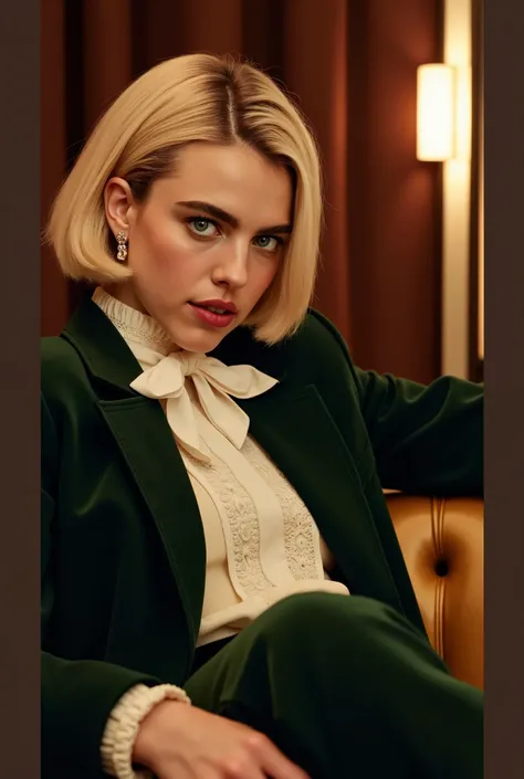 Photorealistic portrait of a stunning young Caucasian woman in her early twenties, margqflx, seated in a luxurious hotel suite at night. She has a symmetrical face with a high forehead, piercing blue eyes, full lips, and thick natural brunette eyebrows. He...
