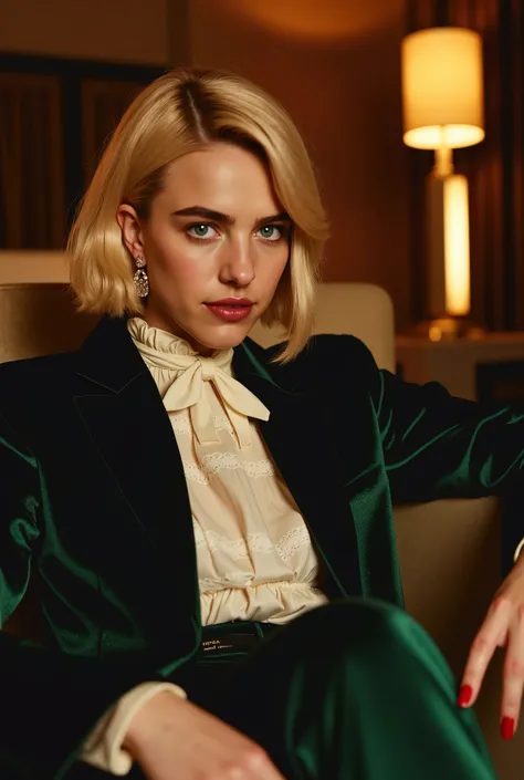 Photorealistic portrait of a stunning young Caucasian woman in her early twenties, margqflx, seated in a luxurious hotel suite at night. She has a symmetrical face with a high forehead, piercing blue eyes, full lips, and thick natural brunette eyebrows. He...