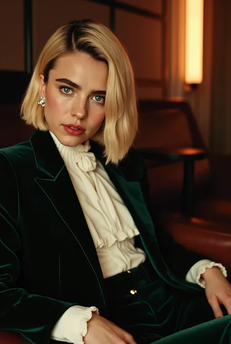 Photorealistic portrait of a stunning young Caucasian woman in her early twenties, margqflx, seated in a luxurious hotel suite at night. She has a symmetrical face with a high forehead, piercing blue eyes, full lips, and thick natural brunette eyebrows. He...