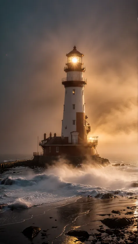 wide angle photo of a lighthouse , glowing in a dark night, ROH, ((dark night):1.3), ((Seemist):1.1), ((Tyndall effect):1.5), (( light penetrating fog )1.4), (( golden hour ):1.2), (finely detailliert waves), ( detailed light ), ( detailed mist ), (...