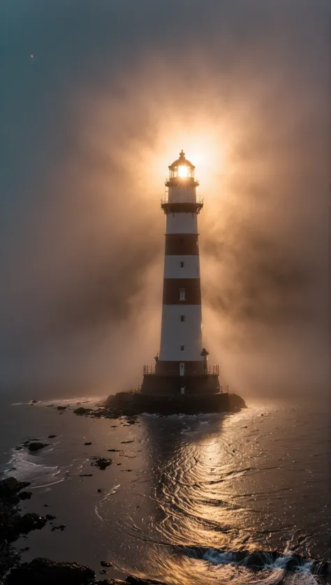 wide angle photo of a lighthouse , glowing in a dark night, ROH, ((dark night):1.3), ((Seemist):1.1), ((Tyndall effect):1.5), (( light penetrating fog )1.4), (( golden hour ):1.2), (finely detailliert waves), ( detailed light ), ( detailed mist ), (...
