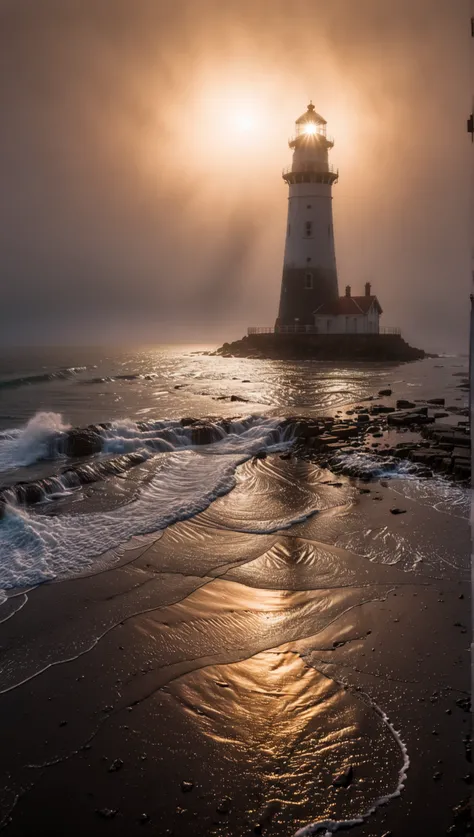 wide angle photo of a lighthouse , glowing in a dark night, ROH, ((dark night):1.3), ((Seemist):1.1), ((Tyndall effect):1.5), (( light penetrating fog )1.4), (( golden hour ):1.2), (finely detailliert waves), ( detailed light ), ( detailed mist ), (...
