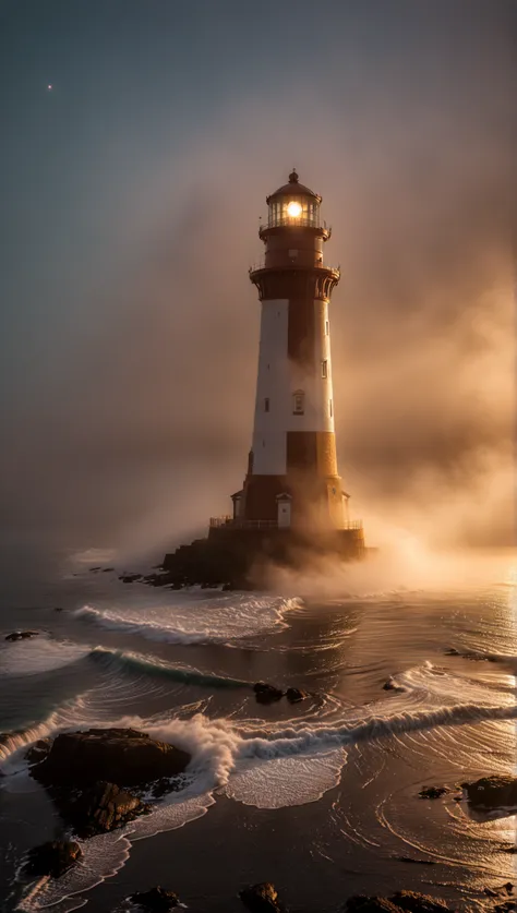 wide angle photo of a lighthouse , glowing in a dark night, ROH, ((dark night):1.3), ((Seemist):1.1), ((Tyndall effect):1.5), (( light penetrating fog )1.4), (( golden hour ):1.2), (finely detailliert waves), ( detailed light ), ( detailed mist ), (...