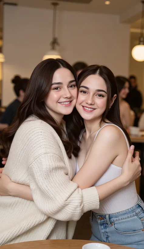 a pair of two women hugging each other in a cafe with happy smiling faces this afternoon, front and back pose. Ultra HD. Masterpiece