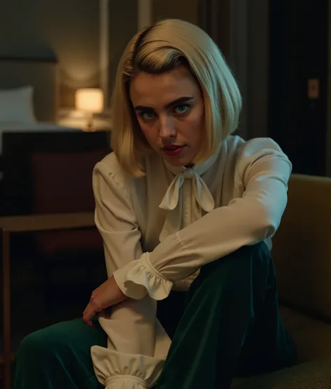 Photorealistic portrait of a stunning young Caucasian woman in her early twenties, margqflx, seated in a luxurious hotel suite at night. She has a symmetrical face with a high forehead, piercing blue eyes, full lips, and thick natural brunette eyebrows. He...