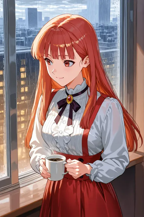 1girl、In the afternoon, when heavy rain beats down on the windowpanes, a calm and composed woman sits by a large window in a warm room with a cup of coffee in her hand, looking out at the scenery outside. She gazes at the rain-swept cityscape and wet trees...
