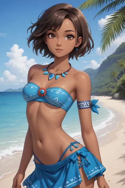 1girl, beautiful, young, adult, dark skin, dark brown hair, short hair, brown eyes, at the beach, blue tribal strapless bikini, blue tribal skirt, slim body, bigger chest, sexy soft belly, best quality, masterpiece
