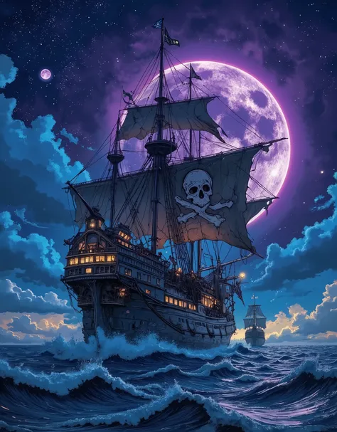 The style of Samuel Peplow and Posuki Demizu. The cinematic and vivid illustration of an imposing and majestic pirate ship, floating under the impressive night sky. The ship is shrouded in darkness, decorated with a flag with skull and bones, and has an im...
