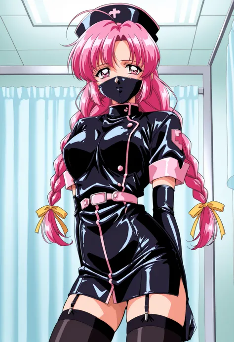 Score_9, score_8_up, score_7_up, source_anime, Makino_Rie_OVA, 1girl, solo, pink hair, 1990s \(style\), anime coloring, twin braids, bangs, hair ribbon, Yellow ribbon, large breasts, ahoge, pink eyes, enamel leather dark nurse, latex dress, black latex elb...
