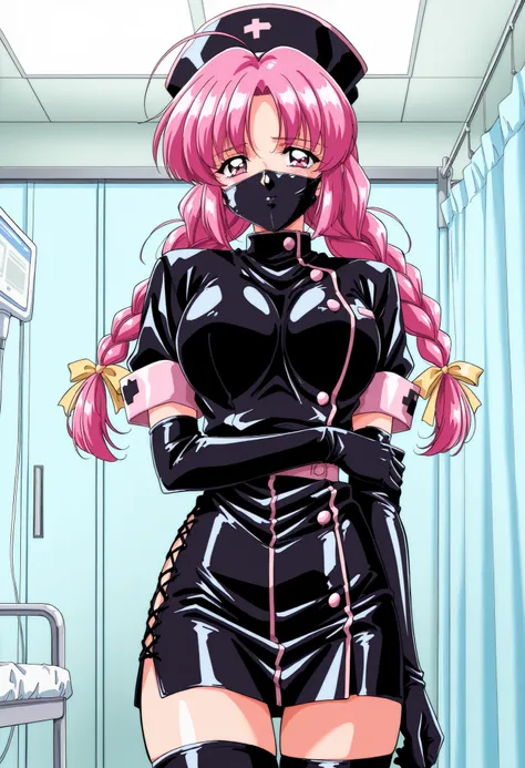 Score_9, score_8_up, score_7_up, source_anime, Makino_Rie_OVA, 1girl, solo, pink hair, 1990s \(style\), anime coloring, twin braids, bangs, hair ribbon, Yellow ribbon, large breasts, ahoge, pink eyes, enamel leather dark nurse, latex dress, black latex elb...