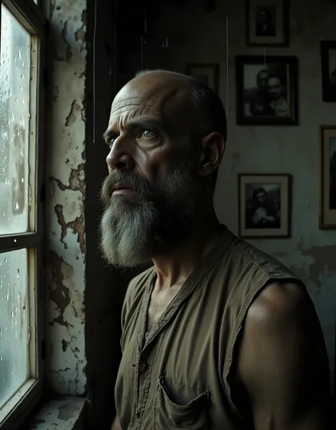 A gloomy, bald, thin, middle-aged man with a gray beard looks out the window. It's raining outside. The man is focused and looking ahead .The facial muscles are tense.  It was a dusty, gloomy loft-style room with old, faded black-and-white photographs on t...