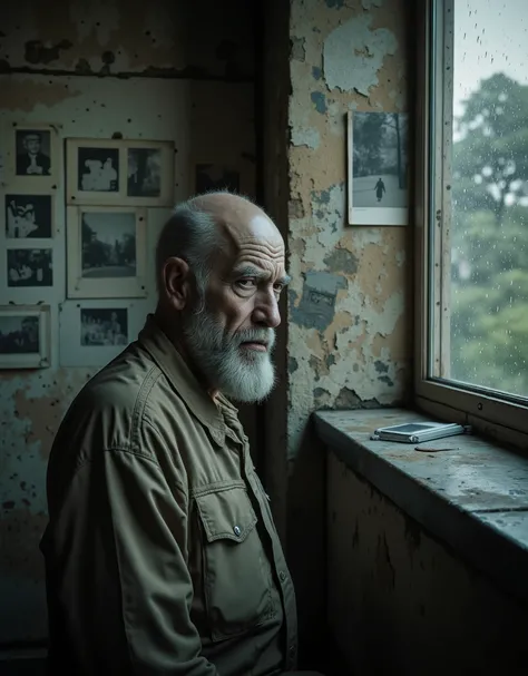 It's raining heavily outside the window. A gloomy, bald, thin, middle-aged man with a gray beard looks out the window. The man is focused and looking ahead .The facial muscles are tense.  It was a dusty, gloomy loft-style room, with old, faded black-and-wh...