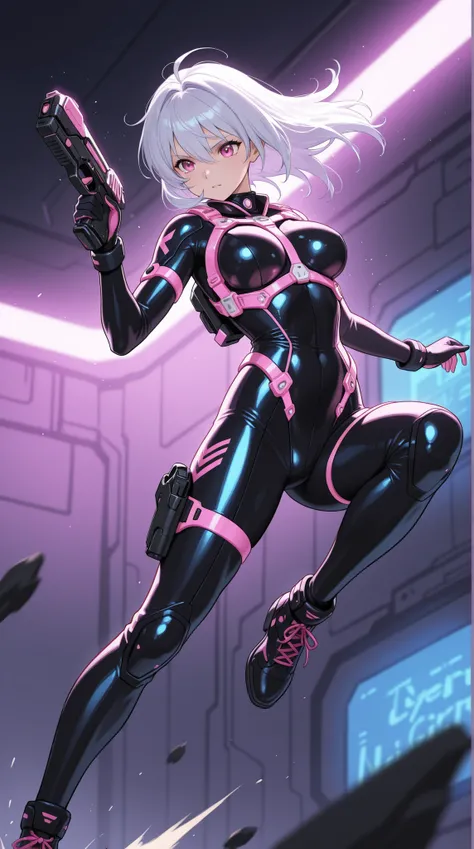 female, neon harness bodysuit, cyber handgun , DYNAMIC ACTION,