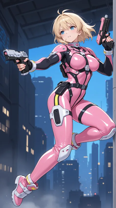 female, neon harness bodysuit, cyber handgun , DYNAMIC ACTION,
