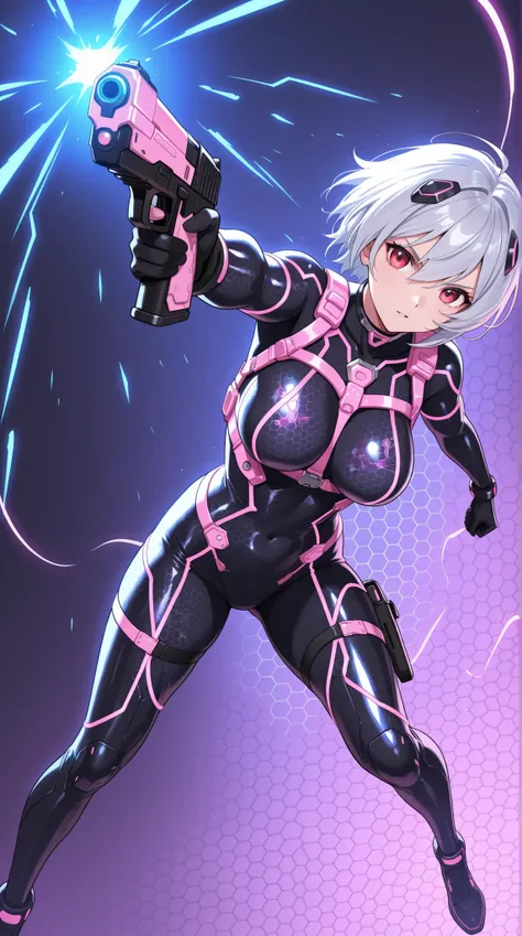 female, NEON HARNESS, HONEYCOMB DESIGN BODYSUIT, cyber handgun , DYNAMIC ACTION,
